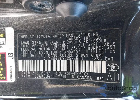 2011 Toyota Corolla S from USA, damaged, VIN 2T1BU4EE8BC575691